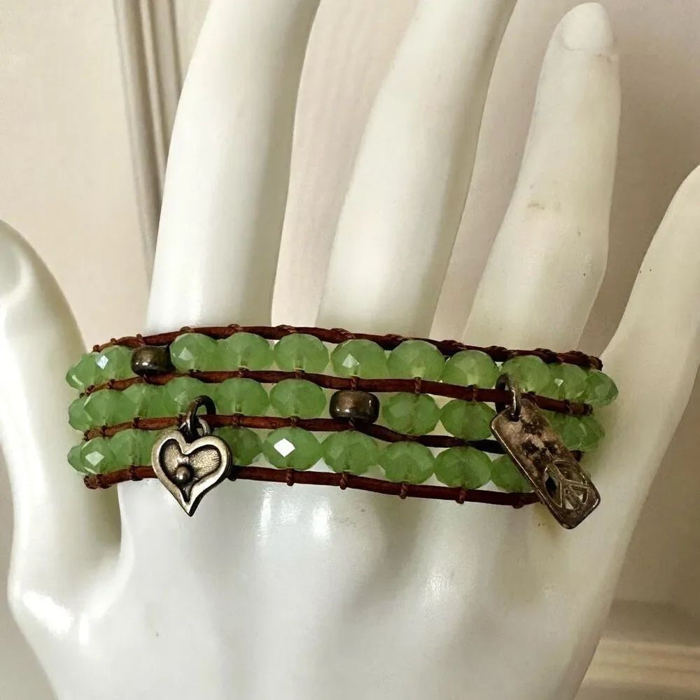 XICO Green beaded sterling silver heart and peace charm multi strand cord bracel